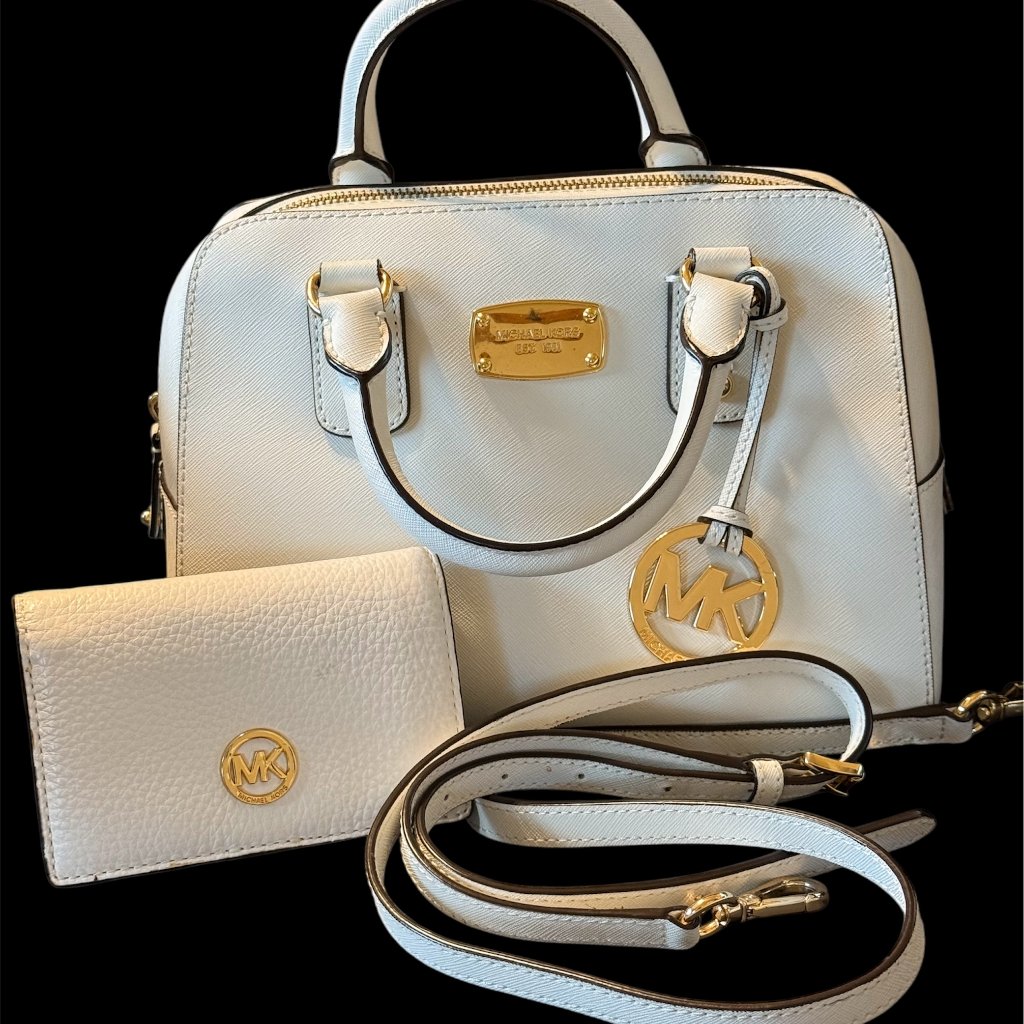 Michael Kors Satchel With Matching Wallet In White - Used Like New